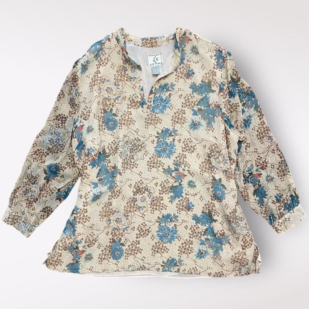 ICE Vintage Silk Beaded Blouse Womens Size 3X Beige Blue Boho Floral